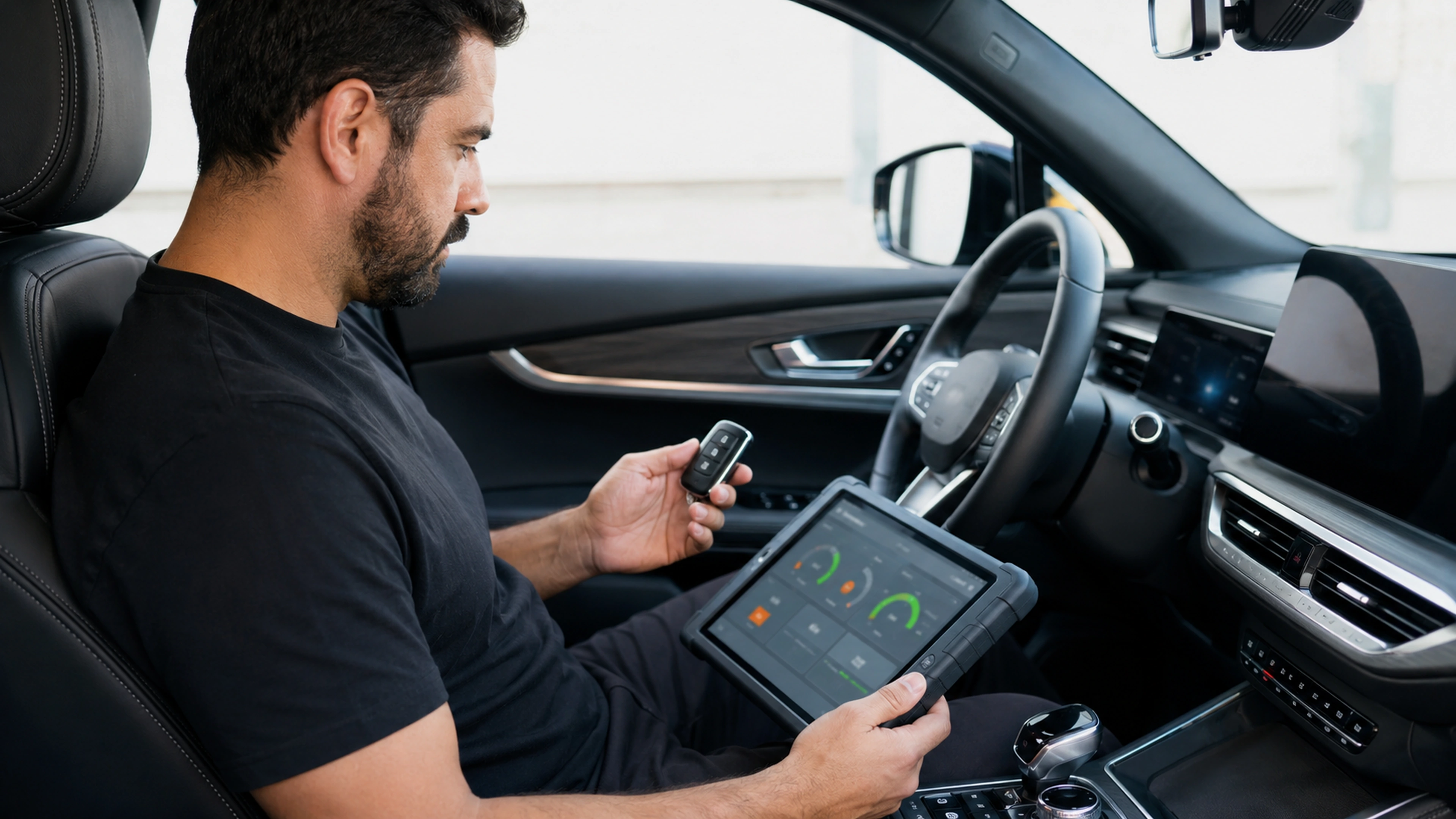 Chaveiro realizando codificação automotiva com equipamento profissional